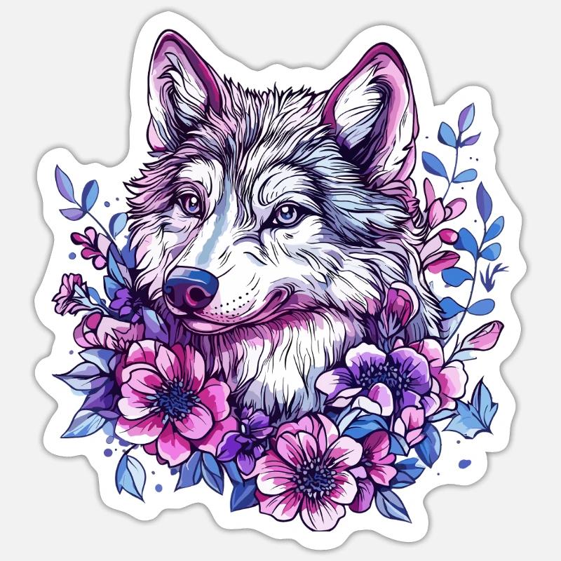 Blütenwolf: Farbexplosion im Blütenkranz - Sticker Größe S (10 x 10 cm) - Mattweiß