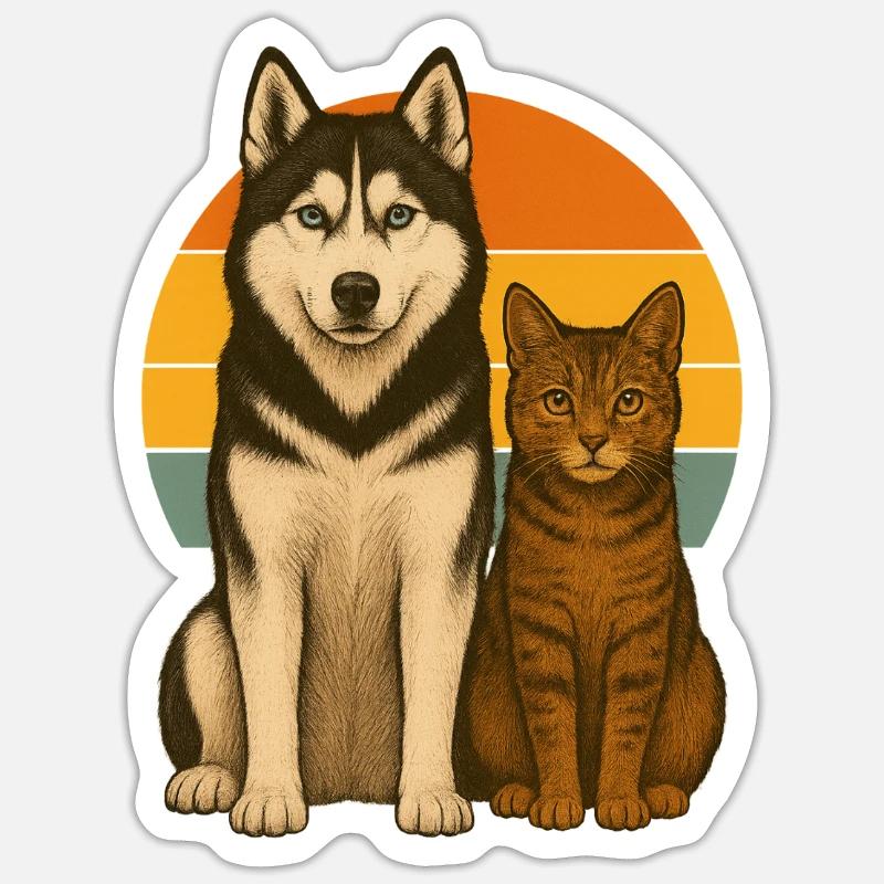 Husky et chat - Sticker taille S (10 x 10 cm) - blanc mat