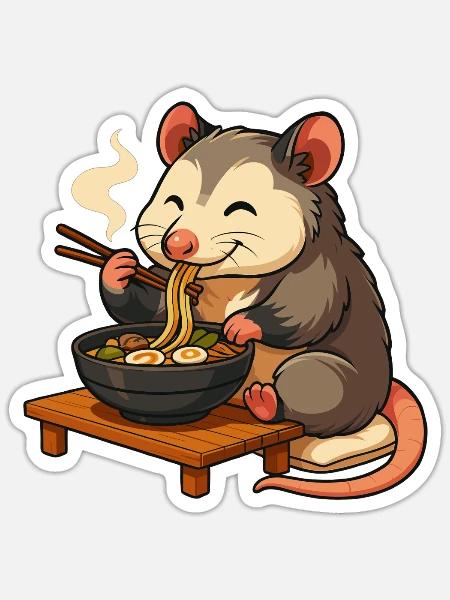 Opossum mit Nudeln Ramen kawaii Opossum - Sticker Größe S (10 x 10 cm) - Mattweiß