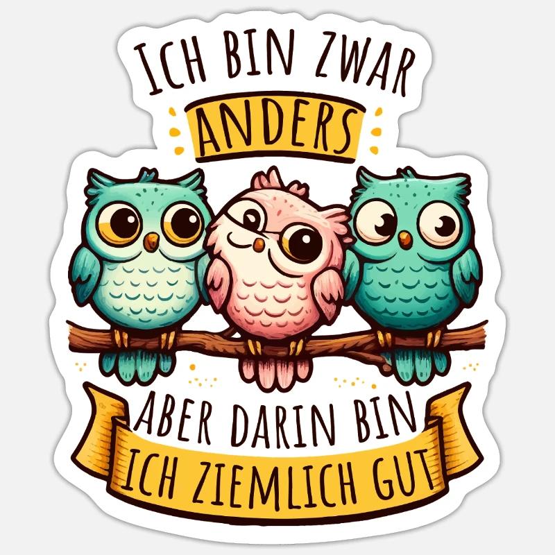Anderssein Spruch mit bunten Eulen Sticker Größe S (10 x 10 cm)