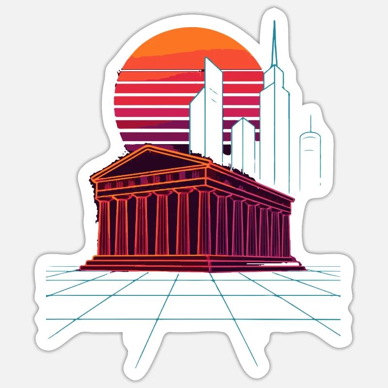 Neon Skyline Meets Ancient Columns - Athens - Sticker size S (10 x 10 cm) - white matte