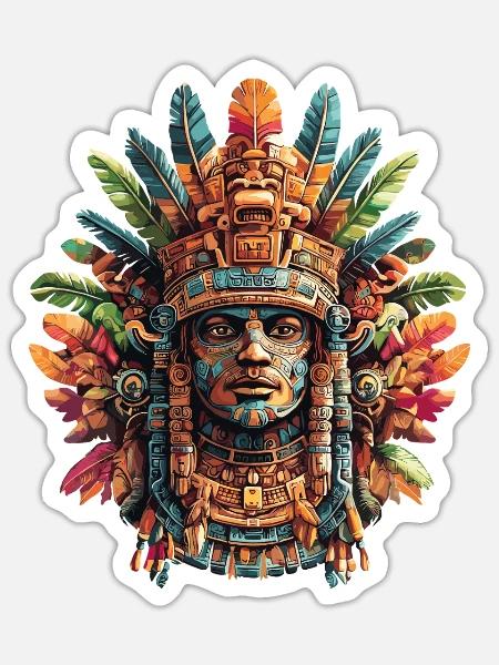 Aztekische Maske mit bunten Federn - Sticker Größe S (10 x 10 cm) - Mattweiß