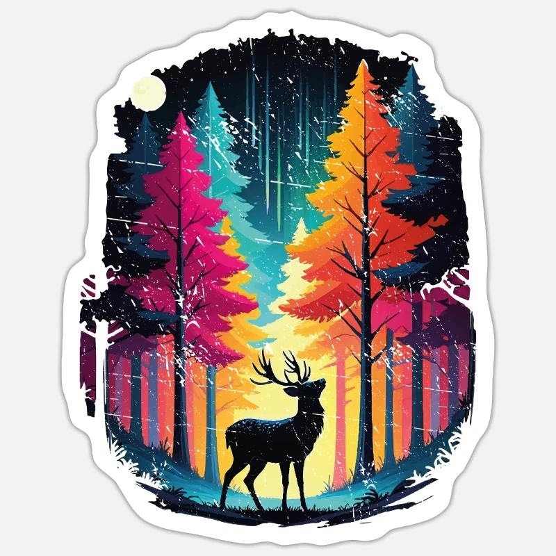 Rainbow forest and luminous deer - Sticker size S (10 x 10 cm) - white matte