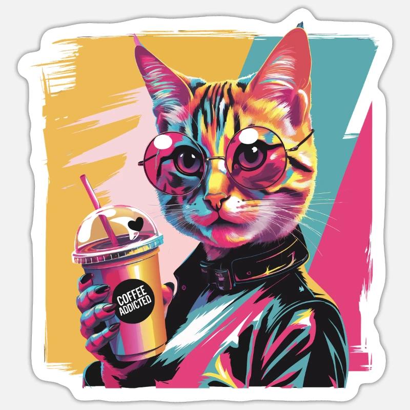 Popart Katze mit Lederjacke und Kaffee - Sticker Größe S (10 x 10 cm) - Mattweiß