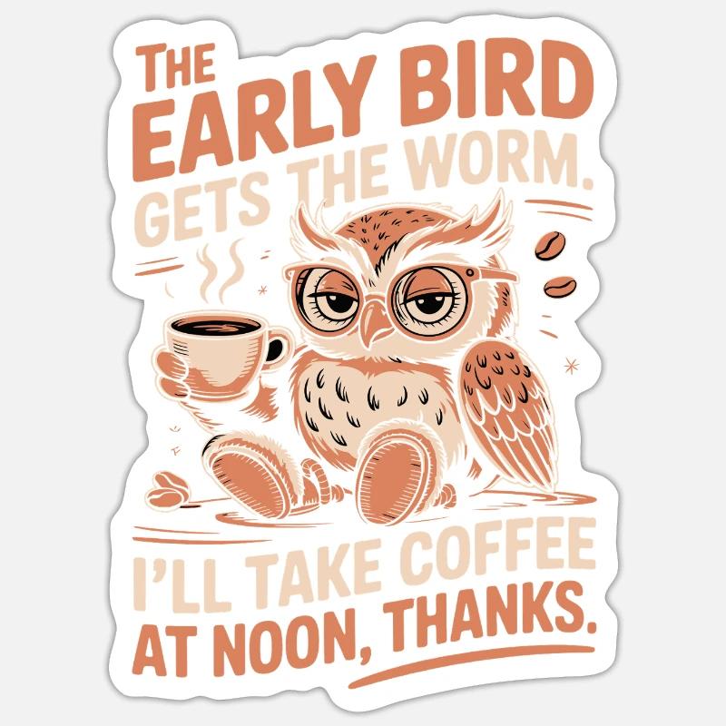 Lustige Eule und Kaffee - Sticker Größe S (10 x 10 cm) - Mattweiß
