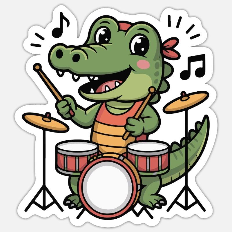 Dessin animé du batteur crocodile - Sticker taille S (10 x 10 cm) - blanc mat
