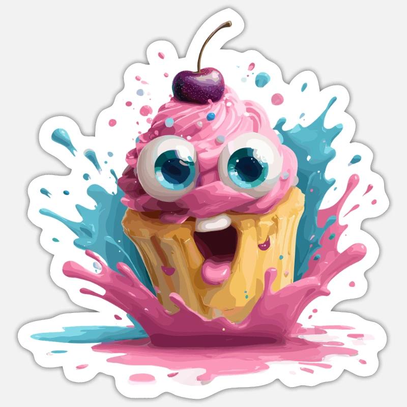 Kunterbunter Cupcake mit Gesicht - Sticker Größe S (10 x 10 cm) - Mattweiß