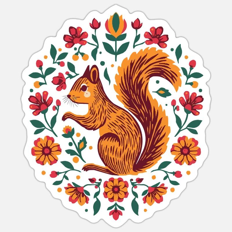 Écureuil dans une couronne de fleurs - Sticker taille S (10 x 10 cm) - blanc mat
