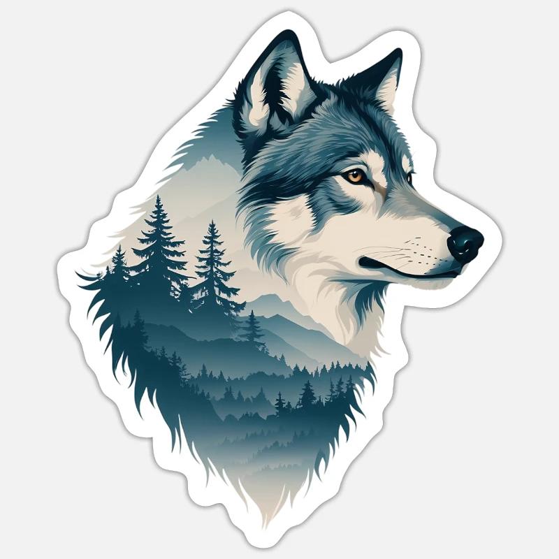 Blauer Wolf im Wald - Sticker Größe S (10 x 10 cm) - Mattweiß