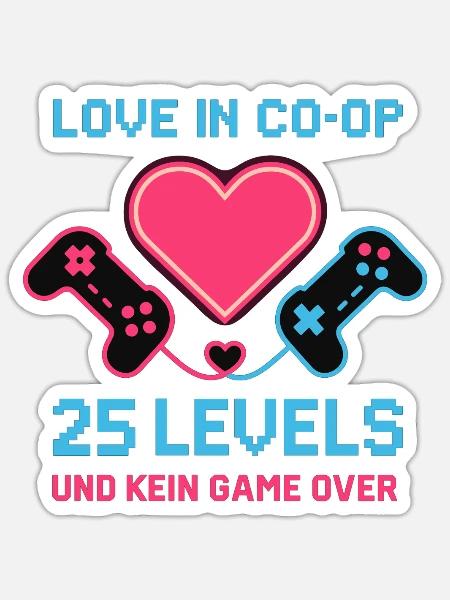 Love in Coop Gamerpaar, 25 Levels keine Pause Herz - Sticker Größe S (10 x 10 cm) - Mattweiß