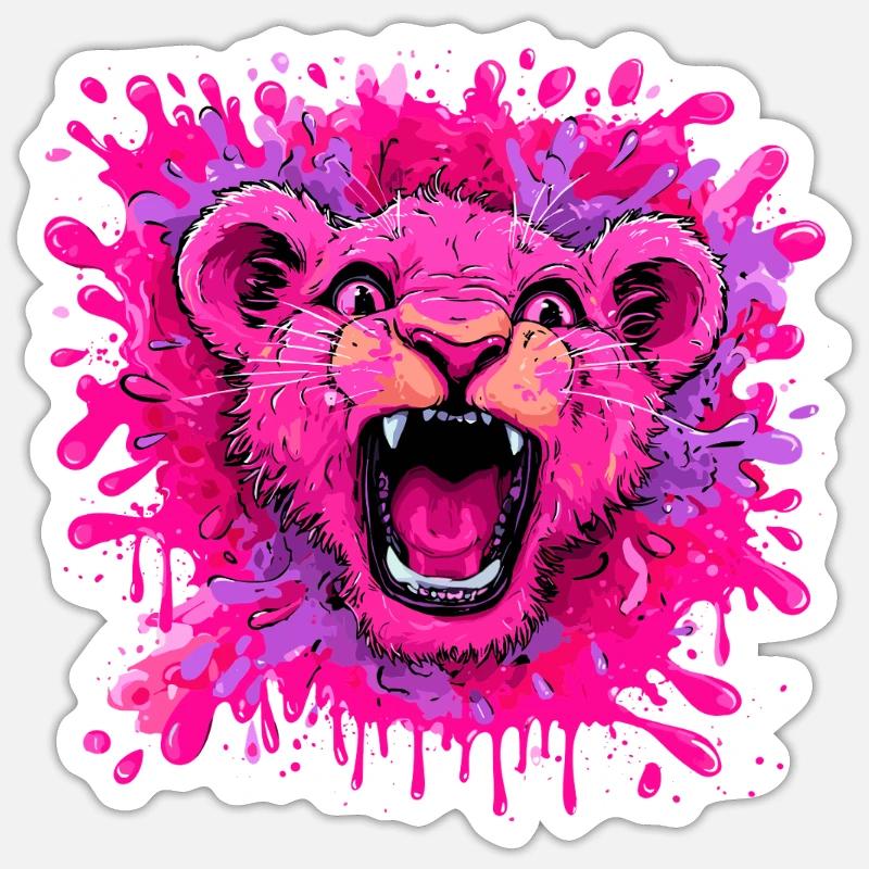 Pinker Löwe im Farbschwall - Sticker Größe S (10 x 10 cm) - Mattweiß