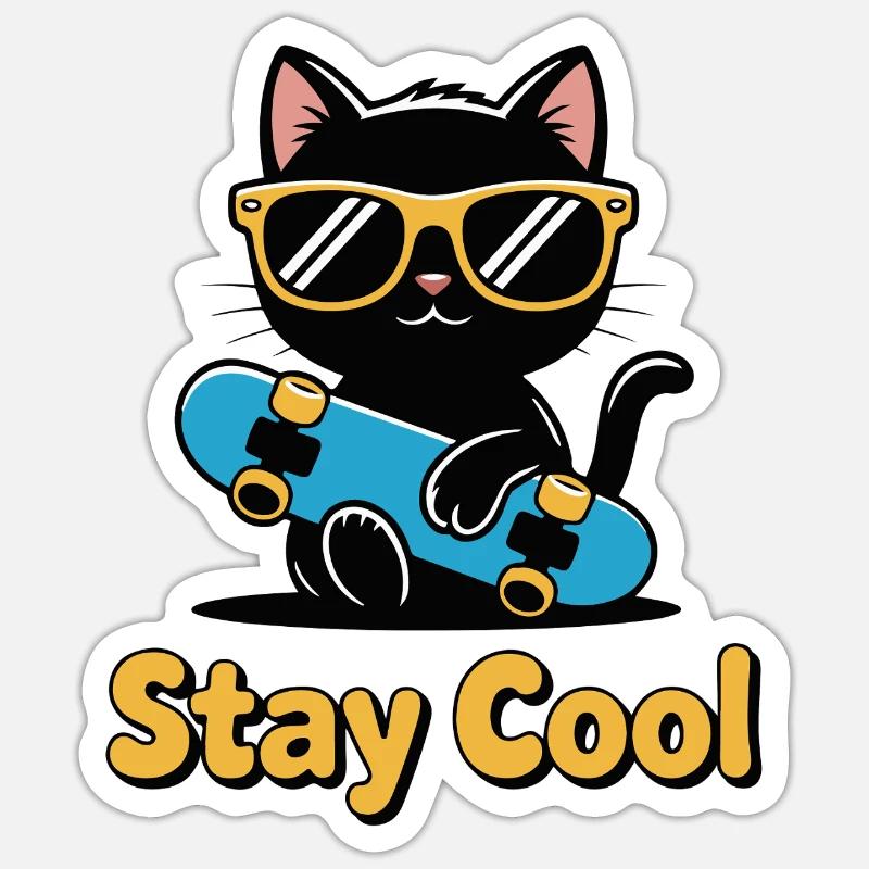 Chat patineur Reste Cool - Sticker taille S (10 x 10 cm) - blanc mat