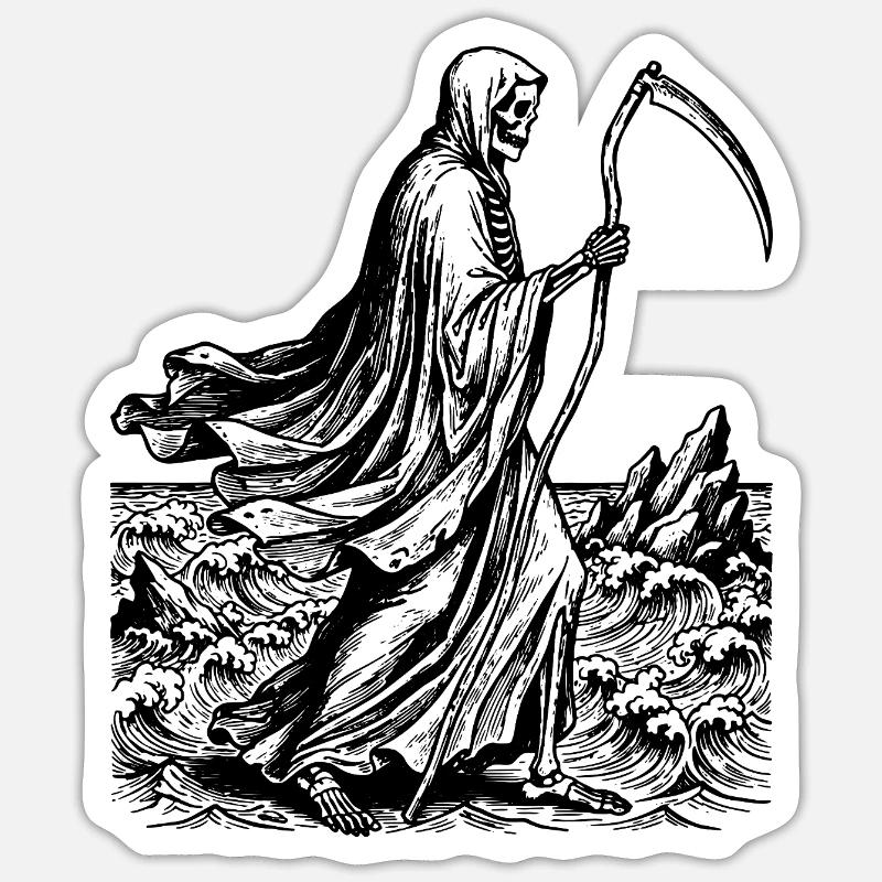 Sensenmann mit Sense am Meer - Sticker Größe S (10 x 10 cm) - Mattweiß