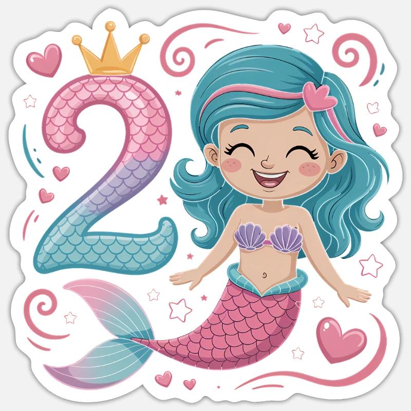 Sirène 2e anniversaire 2 ans - Sticker taille S (10 x 10 cm) - blanc mat