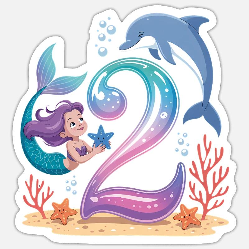 Sirène 2e anniversaire 2 ans - Sticker taille S (10 x 10 cm) - blanc mat