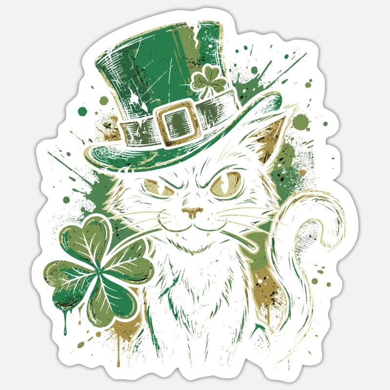 Grüner Katzenschnurrer mit Kleeblatt - Sticker Größe S (10 x 10 cm) - Mattweiß