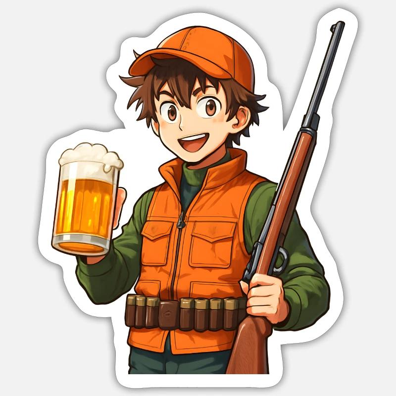 Jägerheld mit Bier und Flinte Sticker Größe S (10 x 10 cm)