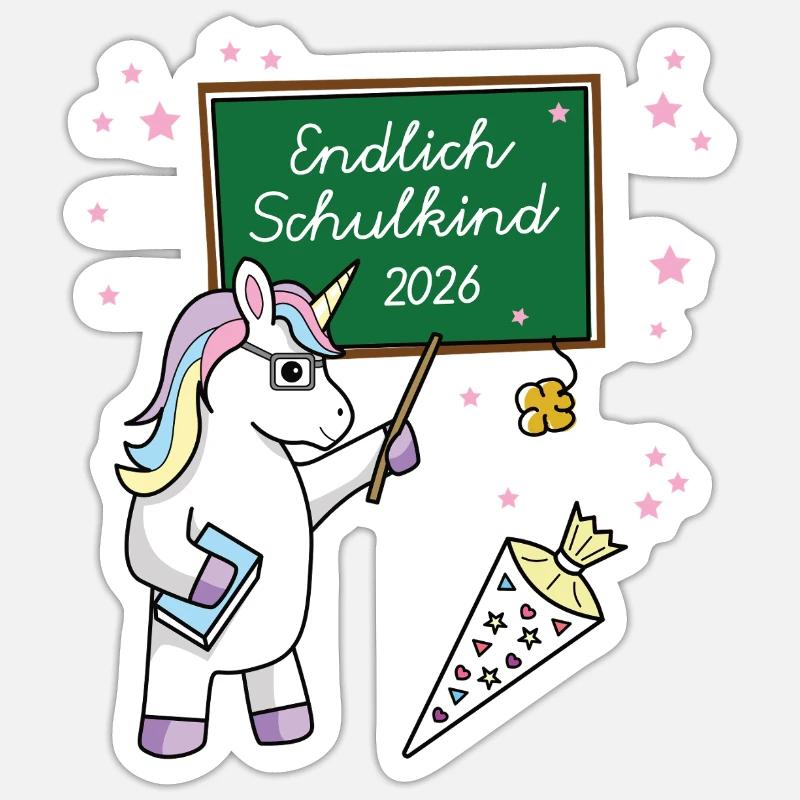 Endlich Schulkind 2026 Einschulung Schule Einhorn Sticker Größe S (10 x 10 cm)