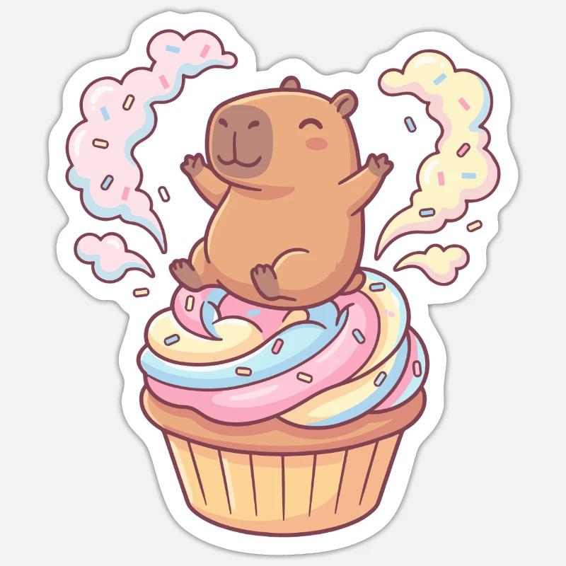 Fête cupcake capybara avec glaçage arc-en-ciel - Sticker taille S (10 x 10 cm) - blanc mat