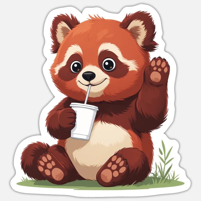 Red Panda with Straw - Sticker size S (10 x 10 cm) - white matte
