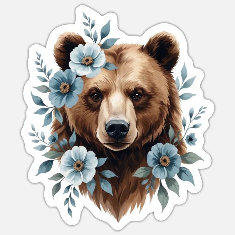 Bear with blue flower frame - Sticker size S (10 x 10 cm) - white matte