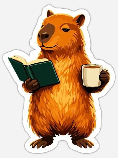Capybara liest Buch mit Kaffee Buchliebhaber - Sticker Größe S (10 x 10 cm) - Mattweiß