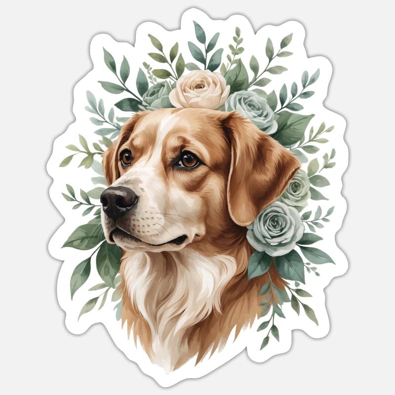Chien avec une couronne de fleurs - Sticker taille S (10 x 10 cm) - blanc mat
