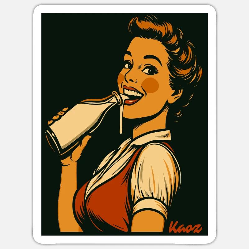 Retro Dame mit Milch Getränk - Sticker Größe S (10 x 10 cm) - Mattweiß