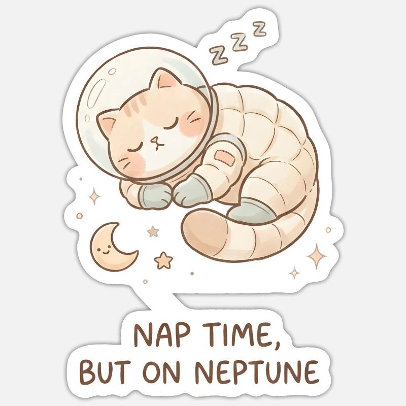 Nap Neptune | Chat de l’espace mignon - Sticker taille S (10 x 10 cm) - blanc mat