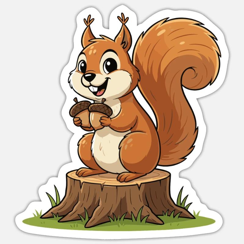 Eichhörnchen am Baumstumpf mit Eichel Sticker Größe S (10 x 10 cm)