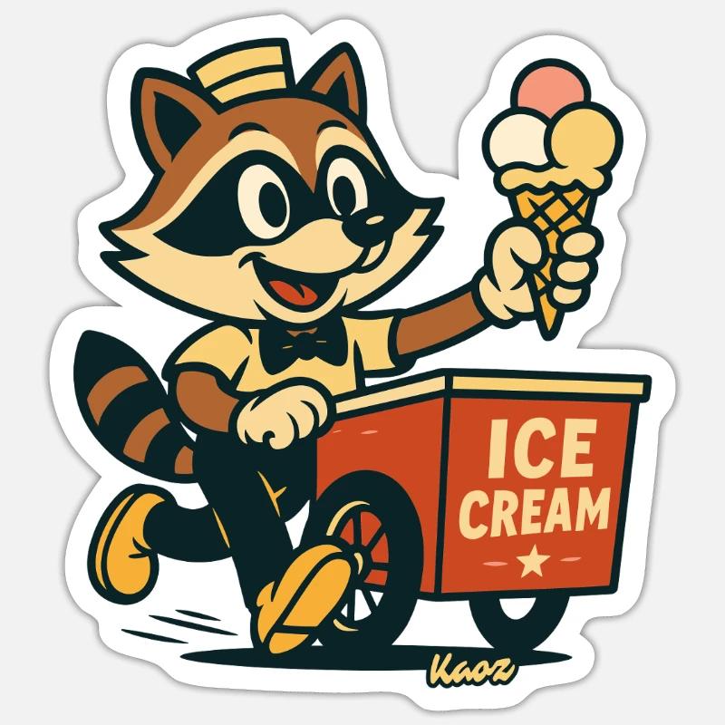 Waschbär Eisverkäufer Retro Sticker Größe S (10 x 10 cm)