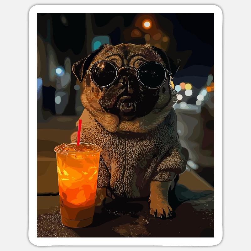 Mops mit Eisdrink - Sticker size S (10 x 10 cm) - white matte