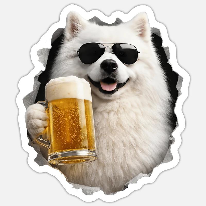 Japanischer Spitz Bier - Sticker Größe S (10 x 10 cm) - Mattweiß