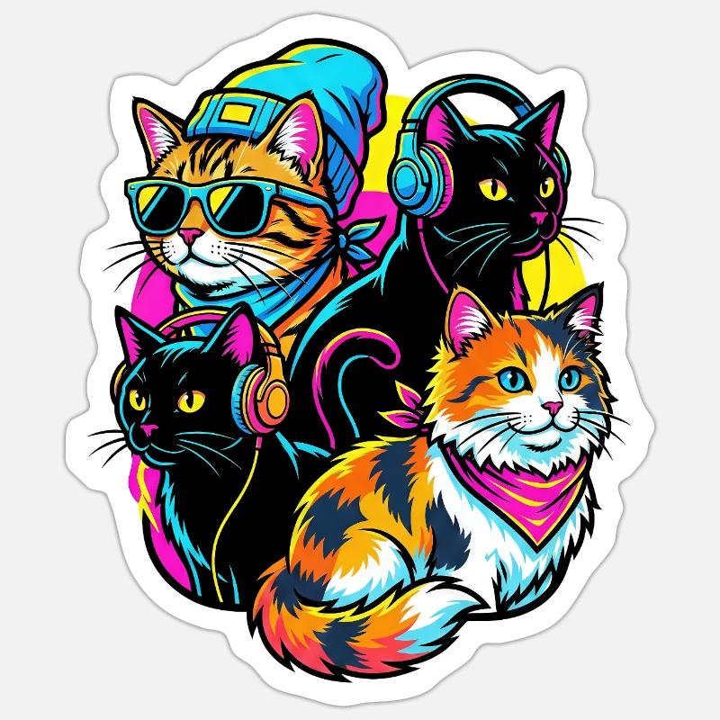 Neon Cats DJ Quartet - Sticker size S (10 x 10 cm) - white matte