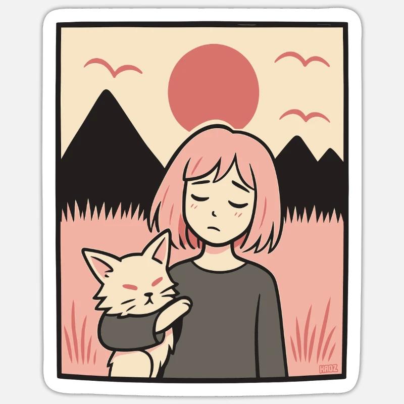 Mädchen mit Katze vor Bergen - Sticker Größe S (10 x 10 cm) - Mattweiß