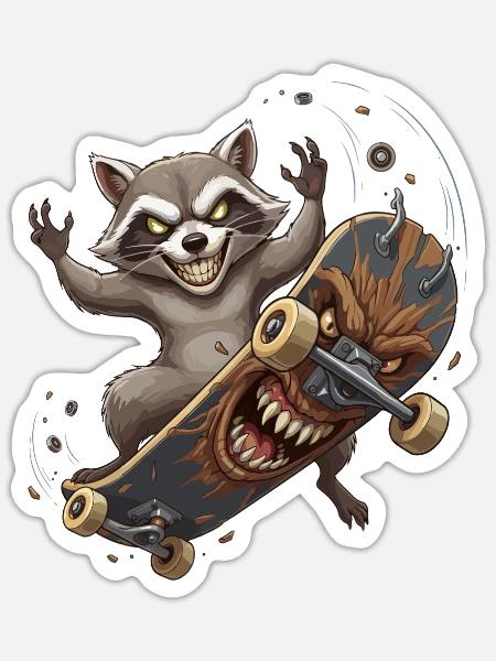 Räuberischer Waschbär auf Skateboard - Sticker Größe S (10 x 10 cm) - Mattweiß