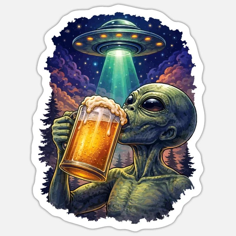 Alien Drinking Beer UFO - Sticker size S (10 x 10 cm) - white matte