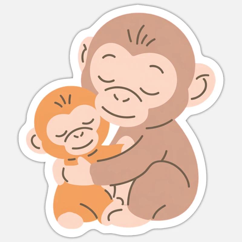 Les singes s’embrassent : Mère et Bébé - Sticker taille S (10 x 10 cm) - blanc mat