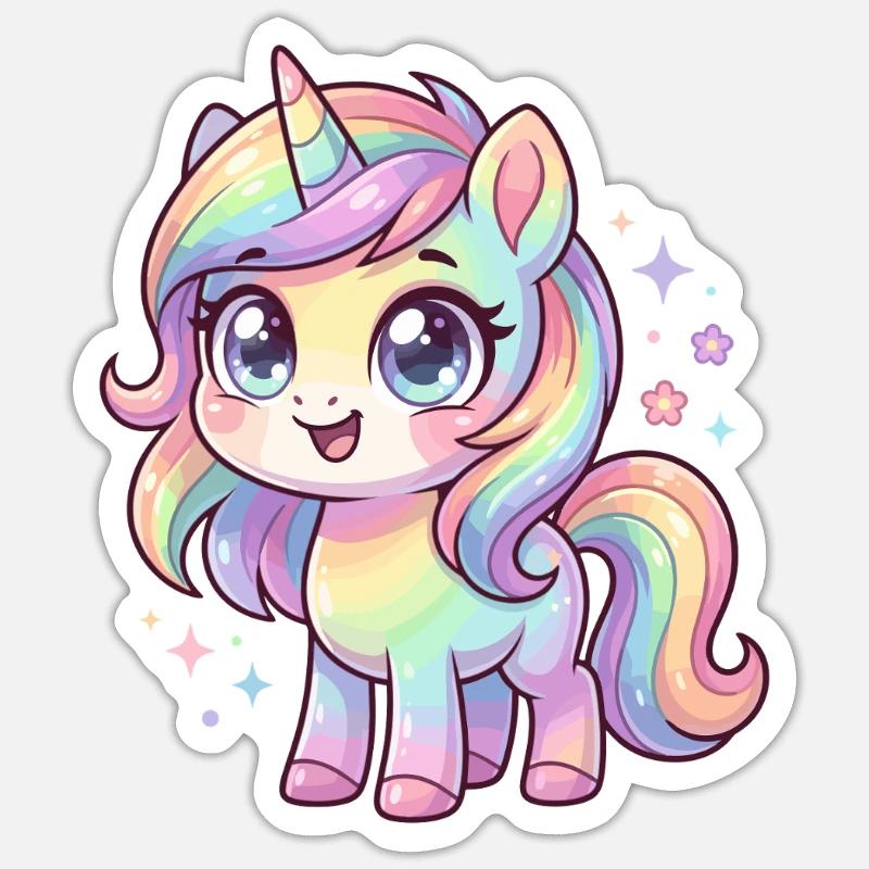 Pastellregen-Einhorn Chibi - Sticker Größe S (10 x 10 cm) - Mattweiß