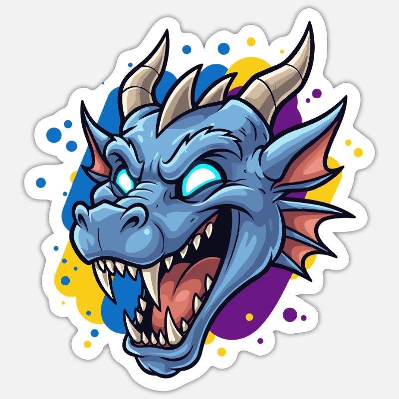 Blauer Drachenkopf Neon-Splash - Sticker Größe S (10 x 10 cm) - Mattweiß