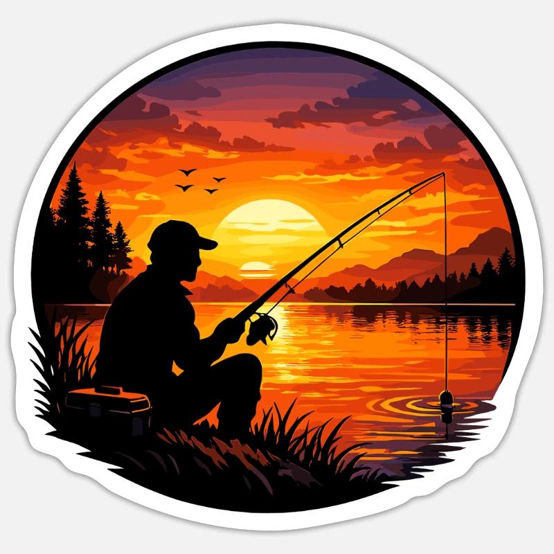 Silhouette rétro du pêcheur au coucher de soleil - Sticker taille S (10 x 10 cm) - blanc mat