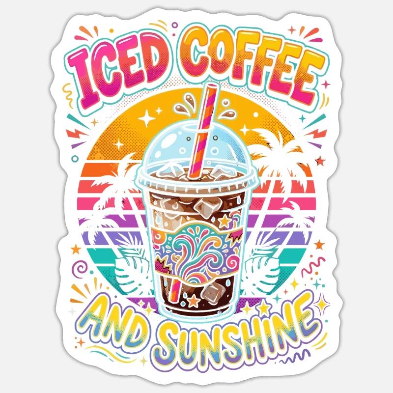 Café glacé et soleil - Sticker taille S (10 x 10 cm) - blanc mat