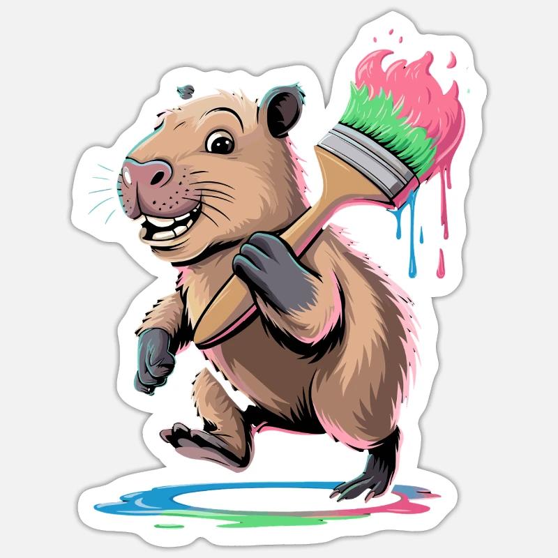 Capibara divertente con macchie colorate di vernice a pennello - Sticker formato S (10 x 10 cm) - bianco opaco