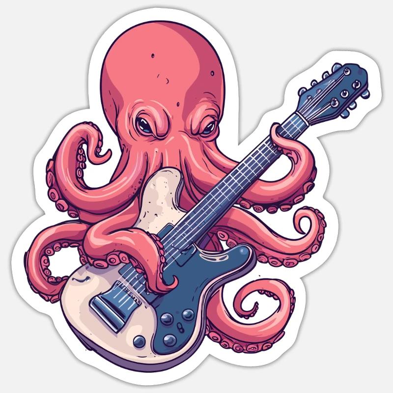 Octopus Guitar Rock - Sticker taille S (10 x 10 cm) - blanc mat