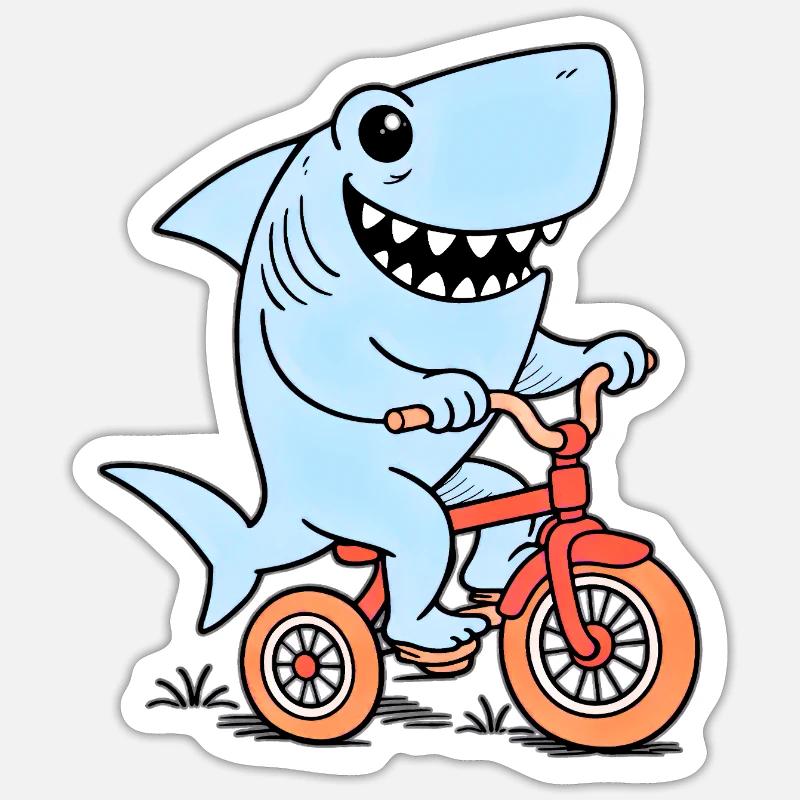 Blue shark on bicycle - Sticker size S (10 x 10 cm) - white matte