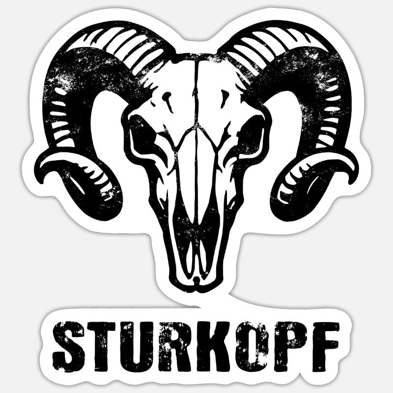 Sturkopf | Widderkopf Schädel mit Hörnern - Sticker Größe S (10 x 10 cm) - Mattweiß