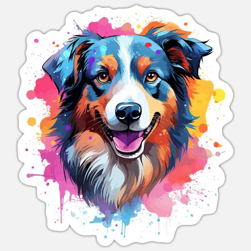 Farbenfrohe Splash-Kunst Australischer Schäferhund - Sticker Größe S (10 x 10 cm) - Mattweiß