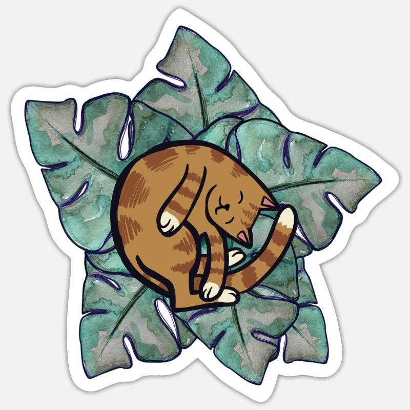 Katzenschlaf auf Monstera-Blättern - Sticker Größe S (10 x 10 cm) - Mattweiß