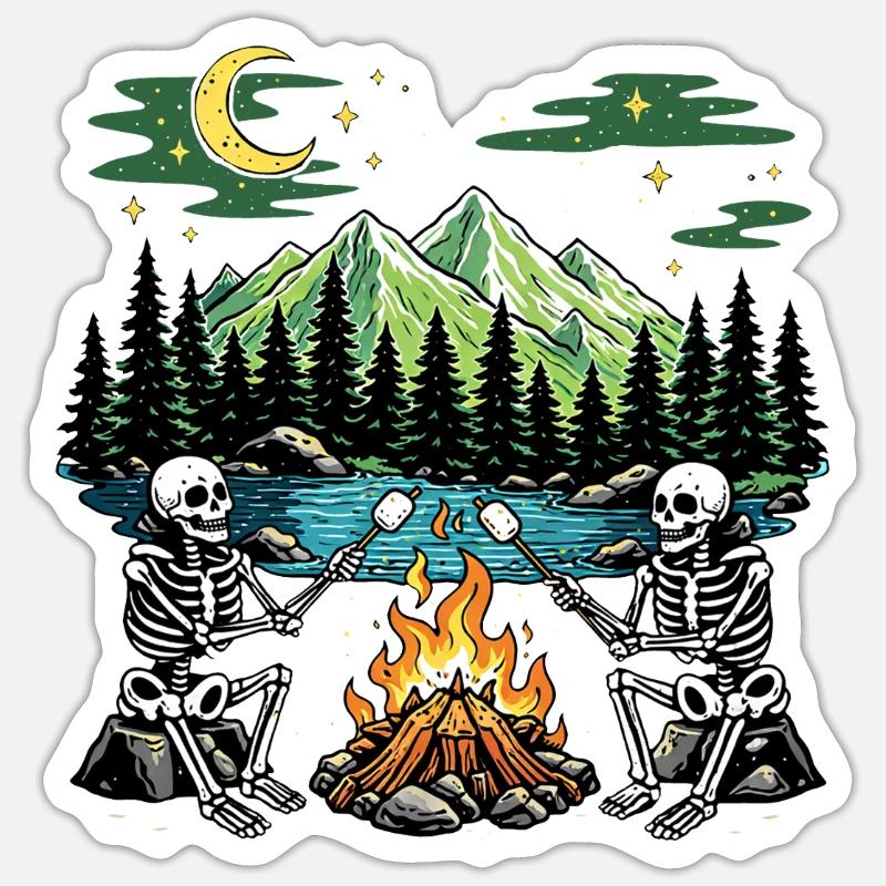 Skeleton Campfire Night Marshmallow Camping Camp - Sticker Größe S (10 x 10 cm) - Mattweiß