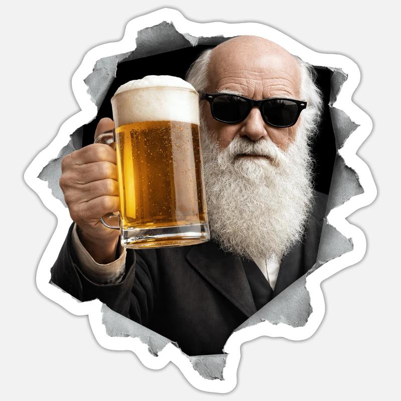 Charles Darwin tient une bière - Sticker taille S (10 x 10 cm) - blanc mat